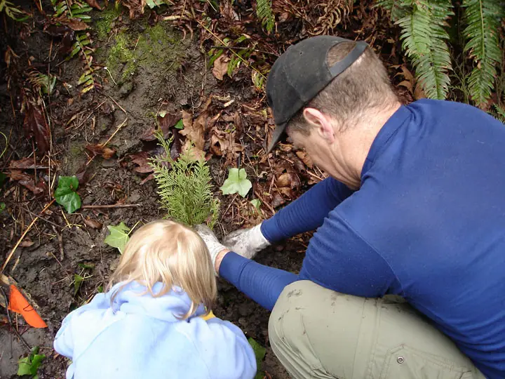 A volunteer and a child planting a native plant together